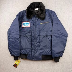 Y2K VTG Horizon Sportswear Navy Bomber‎ Jacket Champ Filters Faux Fur Collar S